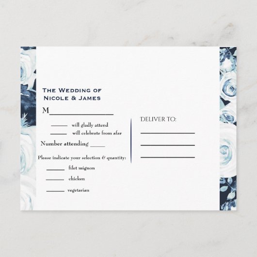 Blauw Witte Zilveren Winter Bruiloft Elegante RSVP Uitnodiging Briefkaart (Achterkant)