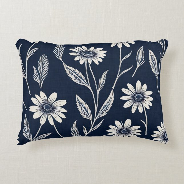 Blauw-witte zomerbloemen - Blok print-stijl Accent Kussen (Voorkant)