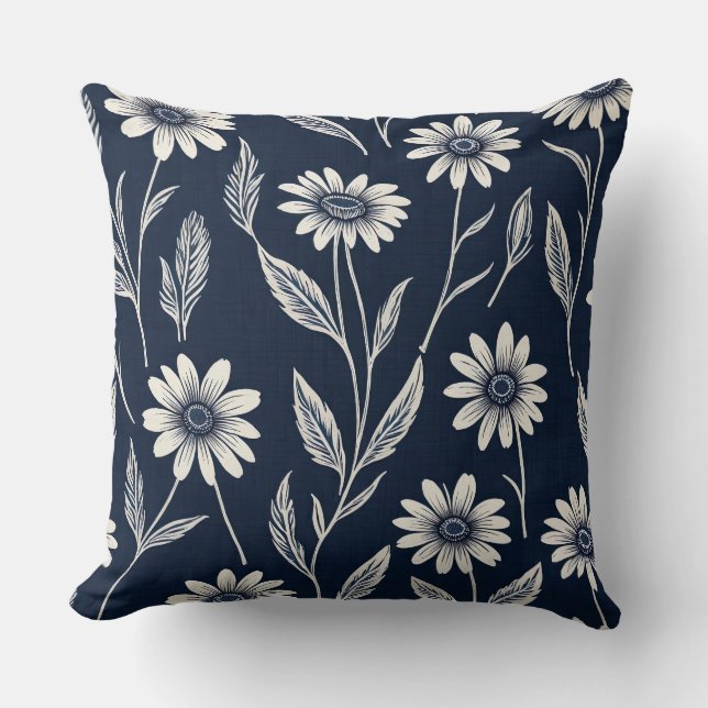 Blauw-witte zomerbloemen - Blok print-stijl Kussen (Voorkant)