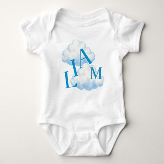 Blauw wolk monogram baby romper (Voorkant)