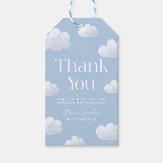 Blauw Wolken Baby Shower Cadeaulabel (Voorkant)