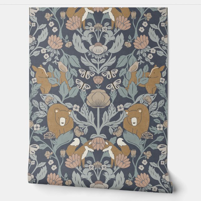 Blauw Woodland Blok Print Damask Behang (Afrollen)