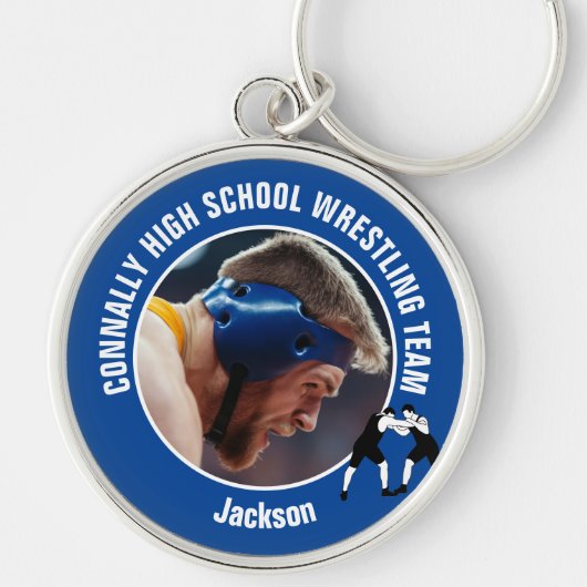Blauw worstelteam foto middelbare school worstelaa sleutelhanger (Voorkant)