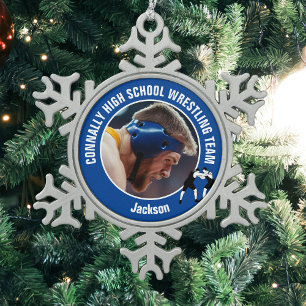 Blauw worstelteam foto middelbare school worstelaa tin sneeuwvlok ornament