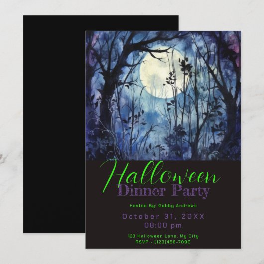 Blauw Woud Volle Maan Halloween Diner Party Kaart (Voorkant / Achterkant)