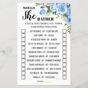 Blauw Would She Rather douche bilinguale spelkaart Flyer