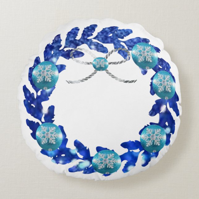 Blauw Wreath & Bell Round Pillow Rond Kussen (Voorkant)