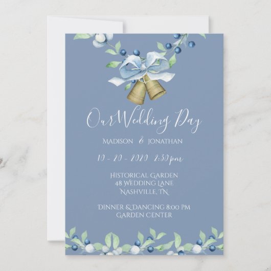 blauw Wreatscript Elegant Custom Wedding Kaart (Voorkant)