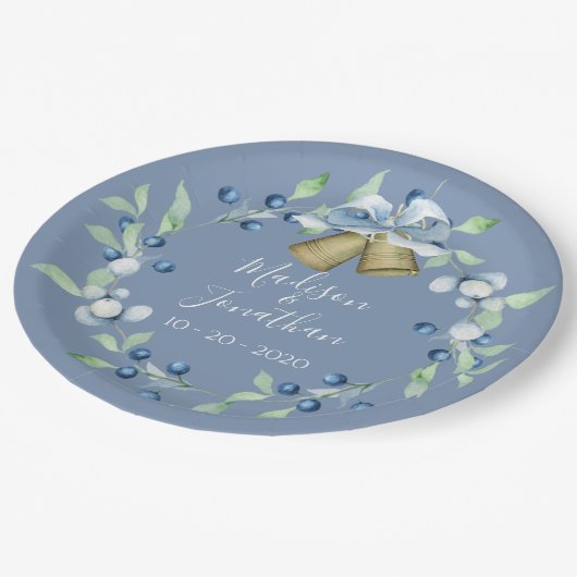 blauw Wreatscript Elegant Custom Wedding Papieren Bordje (Gekanteld)
