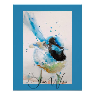 Blauw Wren Aquarel Schilderij Australische Vogels Perfect Poster
