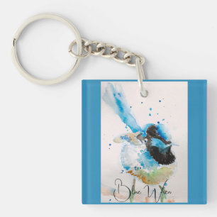 Blauw Wren Aquarel Schilderij Australische Vogels Sleutelhanger