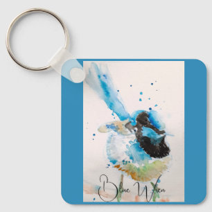 Blauw Wren Aquarel Schilderij Australische Vogels Sleutelhanger