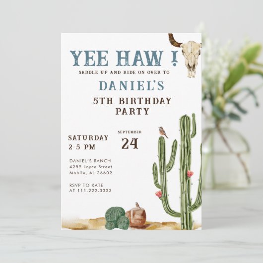 Blauw Yee Haw Western Rodeo Cowboy Verjaardag  Kaart (Staand voorkant)