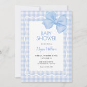 Blauw zacht plaid bow baby shower kaart (Voorkant)