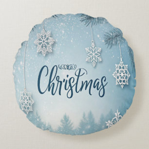 Blauw Zachte & Kalm Kerstsneeuw Kristal Design-  Rond Kussen