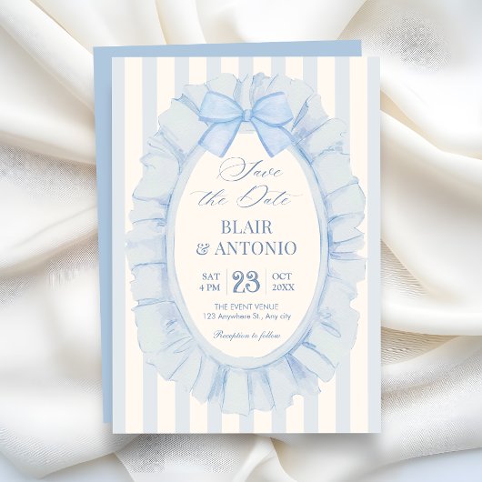 Blauw zachte lint bruiloft save the date
