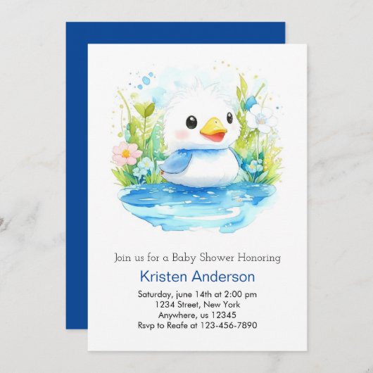 Blauw Zalig Waterverf Duck Boy Baby shower Kaart (Voorkant / Achterkant)