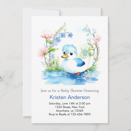 Blauw Zalig Waterverf Duckling Boy Baby shower Kaart (Voorkant)