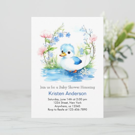 Blauw Zalig Waterverf Duckling Boy Baby shower Kaart (Staand voorkant)