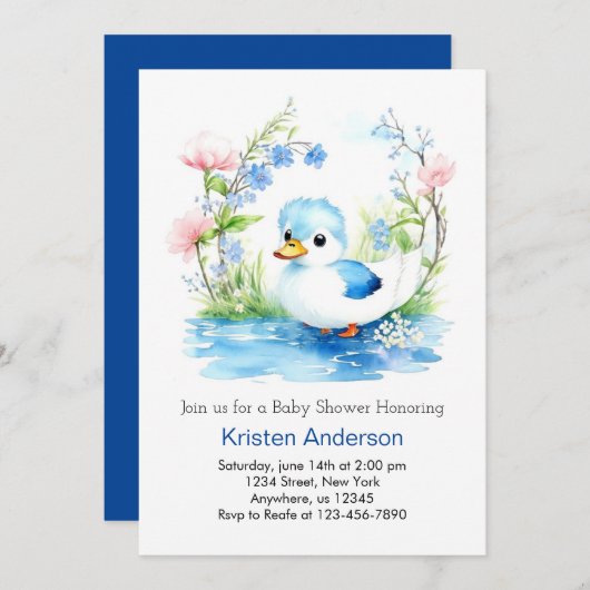 Blauw Zalig Waterverf Duckling Boy Baby shower Kaart (Voorkant / Achterkant)