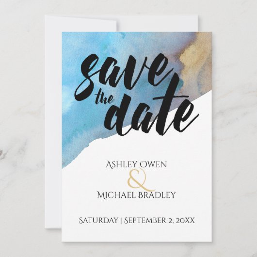 Blauw & Zand Strand Aquarel Save the Date (Voorkant)