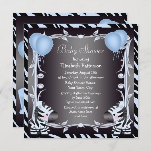 Blauw Zebra en ballonnen — Baby shower voor afdruk Kaart (Voorkant / Achterkant)