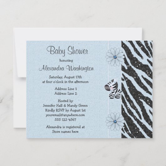 Blauw Zebra, gedrukt Baby shower en glitter look Kaart (Achterkant)