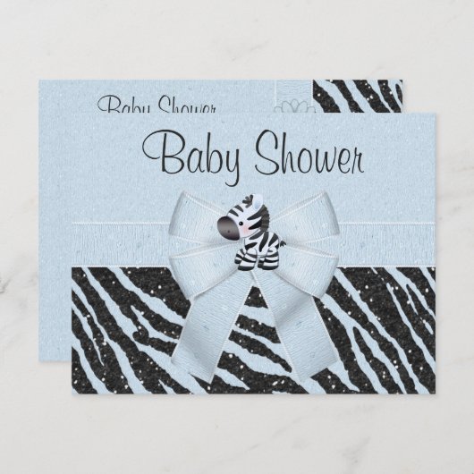 Blauw Zebra, gedrukt Baby shower en glitter look Kaart (Voorkant / Achterkant)