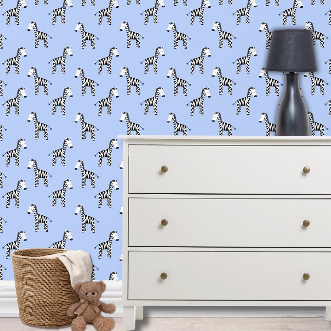 Blauw Zebra patroon Behang (Zebra wallpaper for boys blue bedroom, nursery or playroom.)