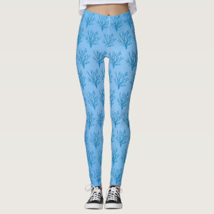 Blauw zee boomkoraalpatroon op blauwe achtergrond leggings