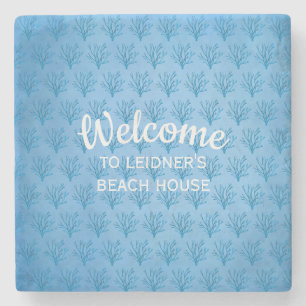 Blauw zee boomkoraalpatroon op blauwe achtergrond stenen onderzetter