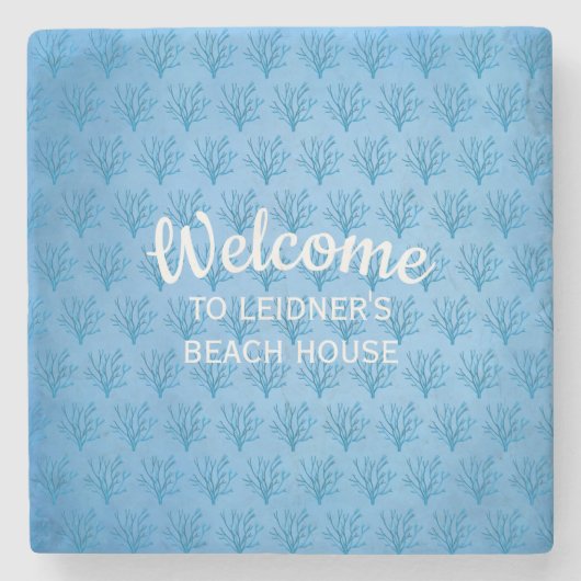 Blauw zee boomkoraalpatroon op blauwe achtergrond stenen onderzetter (Voorkant)