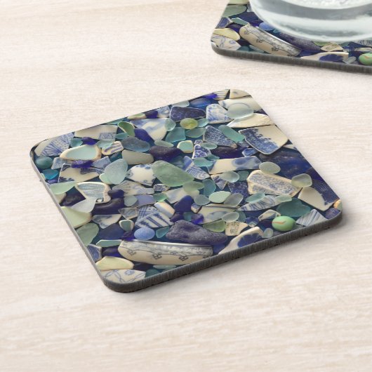 Blauw zee glas, strandglas onderzetter aardewerk (Linkerzijde)