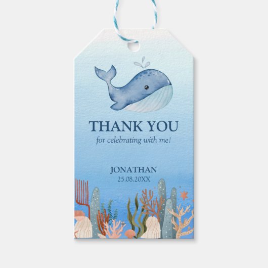 Blauw Zee Koraalrif Schattigee Walvis Verjaardag D Cadeaulabel (Voorkant)