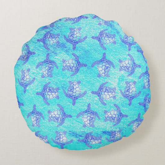 Blauw Zee schildpad Print Rond Kussen (Achterkant)