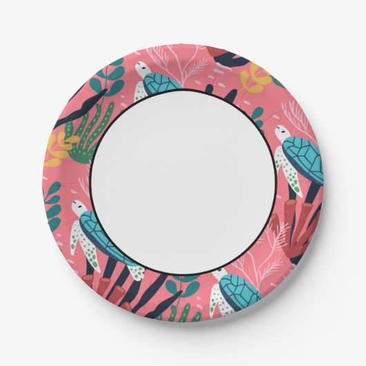 Blauw Zee schildpadvlies onder Zee roze Papieren Bordje (Voorkant)