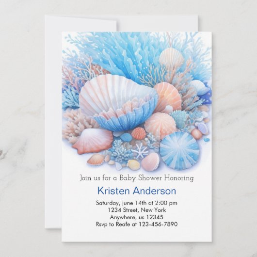 Blauw Zee Shell Blissful Beach Baby shower Kaart (Voorkant)