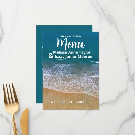 Blauw Zee Strand Bruiloft Menu (Voorkant / Achterkant in situ)