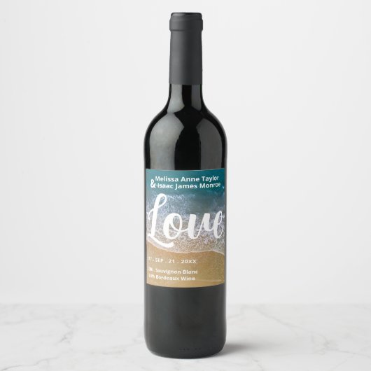 Blauw Zee strand bruiloft Wijn Etiket (Voorkant)