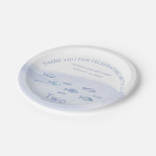 Blauw zee vis 2e jongen verjaardagsfeestje Papier  Papieren Bordje (Gekanteld)