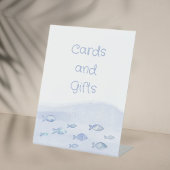 Blauw zee vis verjaardagskaarten en geschenken reclamebord met voetstuk