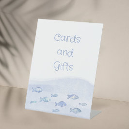 Blauw zee vis verjaardagskaarten en geschenken reclamebord met voetstuk