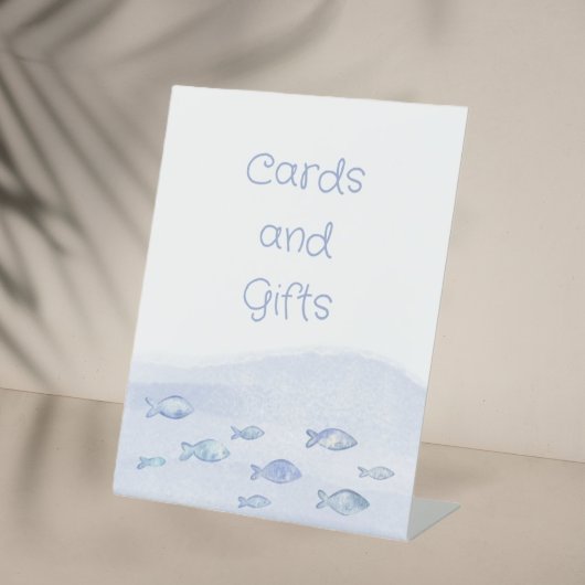 Blauw zee vis verjaardagskaarten en geschenken reclamebord met voetstuk