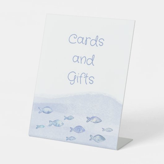 Blauw zee vis verjaardagskaarten en geschenken reclamebord met voetstuk (Voorkant)