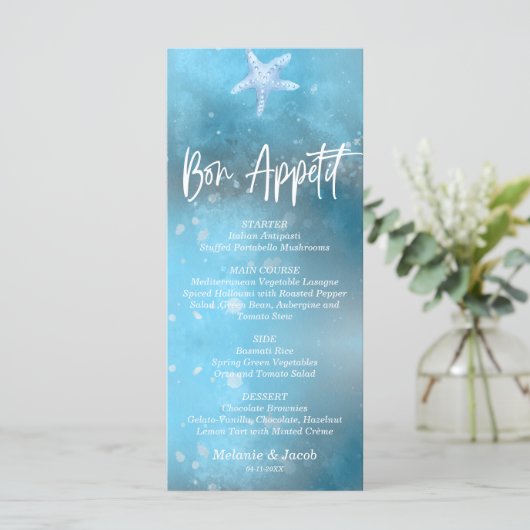 Blauw Zee Zomer Bon Appetit Bruiloft Flat Menu Kaa (Staand voorkant)
