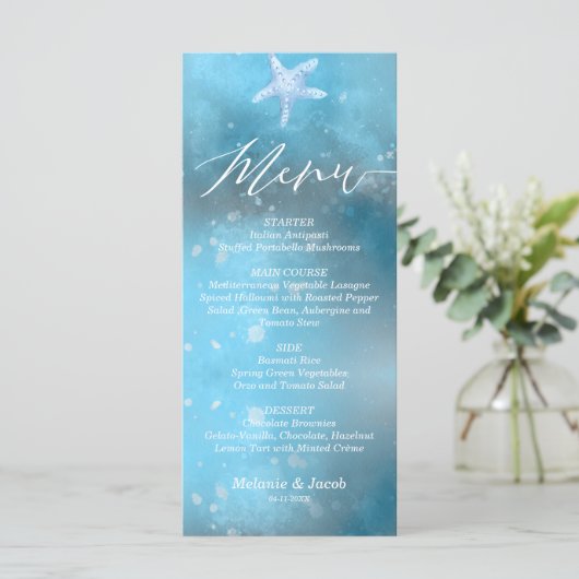 Blauw Zee Zomer Bruiloft Flat Menu Kaart (Staand voorkant)