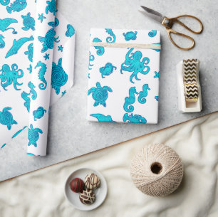 Blauw zeedierenpatroon op wit cadeaupapier