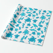 Blauw zeedierenpatroon op wit cadeaupapier (Uitgerold)