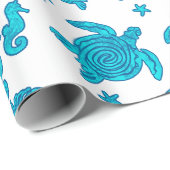 Blauw zeedierenpatroon op wit cadeaupapier (Rol Hoek)