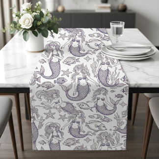 Blauw zeemeermin- en zeelevenpatroon in vintage st medium tafelloper